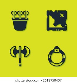 Set Quiver with arrows, Magic stone ring, Medieval poleaxe and Pirate treasure map icon. Vector