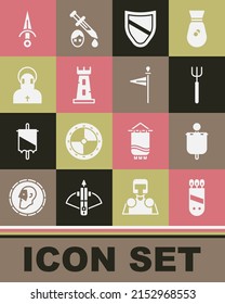 Set Quiver with arrows, Medieval flag, Garden pitchfork, Shield, Castle tower, Monk, Dagger and  icon. Vector