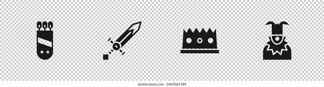Set Quiver with arrows, Medieval sword, King crown and Joker head icon. Vector