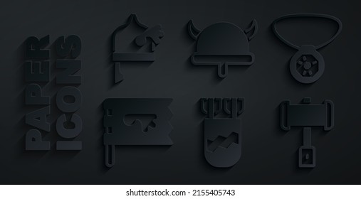 Set Quiver with arrows, Necklace gem, Viking flag, Battle hammer, horned helmet and  icon. Vector