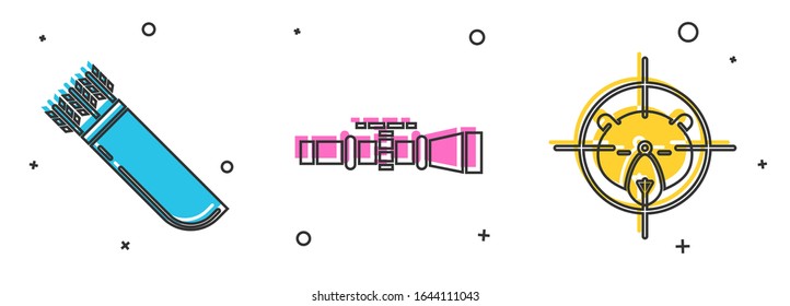 Set Quiver with arrows, Sniper optical sight and Hunt on bear with crosshairs icon. Vector