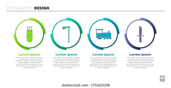 Quiver mit Pfeilen, Tomahawk Axt, Retro-Zug und Militärmesser. Infografik-Vorlage für Unternehmen. Vektorgrafik