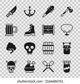 Juego en Quiver con flechas, cabeza de vikingos, joyas de collar, picos de mace, botas de viking antiguos, tazas de cerveza de madera, icono del cofre de Dagger y del tesoro antiguo. Vector