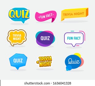 Set of Quiz, Fun Fact and Trivia Night Badges in Shape of Speech Bubble. Creative Icons for Social Media Marketing. Tags, Stickers for Account, Advertising Promo Banners, Label. Vector Illustration