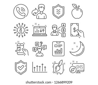 Set of Quiz test, Music phone and Painting brush icons. Opinion, Shield and Sound check signs. Report document, Growth chart and Receive money symbols. Interview, Radio sound, Graphic art. Vector