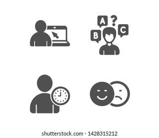 Set of Quiz test, Online education and Time management icons. Like sign. Interview, Internet lectures, User with clock. Social media dislike.  Classic design quiz test icon. Flat design. Vector