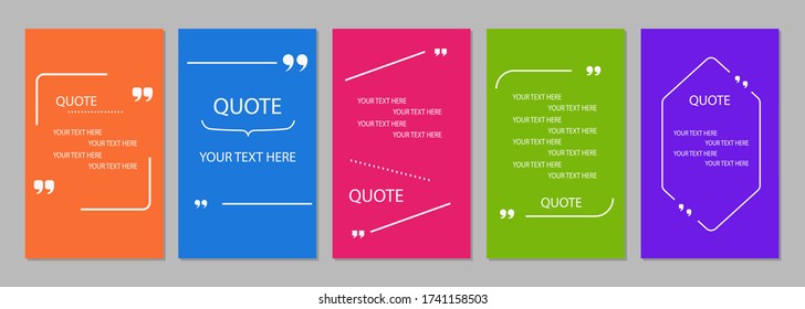 A set of quotation frame templates with quotes. The text in parentheses, the citation blank speech bubbles, quotes bubbles. A text field isolated on a colored background. Vector illustration.