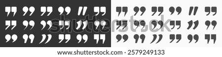 A set of quotation marks stand out in black on a light and dark background. Quoting signs in the title, square check marks, and quote icons in the comments. Vector illustration.