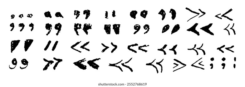 Set of quotation marks symbols. Black crayon handwritten text signs. Collection of icons for quoting statements, direct speech in speech bubble. Vector sketch or graffiti style of punctuation marks.