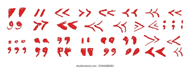 Set of quotation marks symbols. Red crayon handwritten text signs. Collection of icons for quoting statements, direct speech in speech bubble. Vector sketch or graffiti style of punctuation marks.