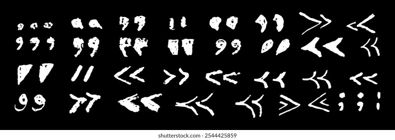 Set of quotation marks symbols. White crayon handwritten text signs. Collection of icons for quoting statements, direct speech in speech bubble. Vector sketch or graffiti style of punctuation marks.