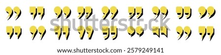 A set of quotation marks in yellow and black on a light background. Quoting signs in the title, square check marks, and quote icons in the comments. Vector EPS 10.