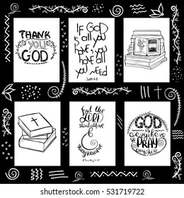 A set of quotations from the Bible. Books and Bible lettering. Brush calligraphy. 
Hand drawing illustration.  Words about God. Vector design.