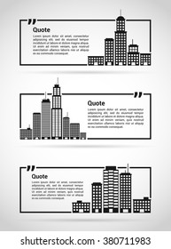 Set of quote blank templates with big city silhouettes. Quote comment template. Quote bubble.