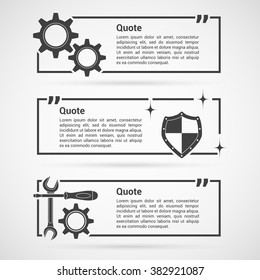 Set of quote blank templates with shield, gear, wrench. Quote comment template. Quote bubble.
