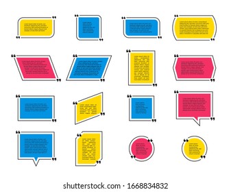 Set of quote box or bubbles in flat style. Rectangle, circle shapes. Yellow, blue, red colors Note, quotation bubble elements, templates. Text speech quote, citation bubbles. Vector illustration.