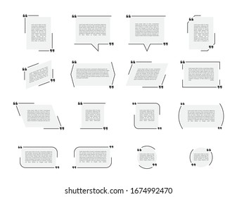 Set of quote box or bubbles on the gray background. Note, quotation bubble elements, templates. Text speech quote, citation bubbles. Vector illustration.