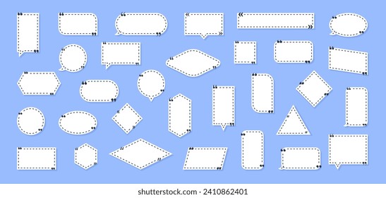 Establecer marco de cuadro de comillas, escribir cuadros de plantilla en blanco, cuadros de diseño comillas, símbolos de blog de burbujas, comillas de blog de burbujas. Juego de burbujas de voz. Cotización y comillas. Ilustración del vector