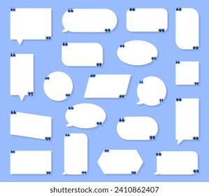 Set quote box frame, texting quote blank template boxes, design boxes quotation bubble blog symbols, bubble blog quotes symbols. Set of speech bubbles. Quote symbol and mark quote. Vector illustration