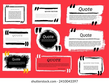 Set of Quote Box. Painted white square shape with distress texture and torn edges. Brush stroke frame for your design. Grunge quote speech bubble. Artistic badge, label, poster. High quality textured.