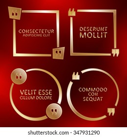Set of quote box and speech bubble template. Golden quotes on red background. Vector design.