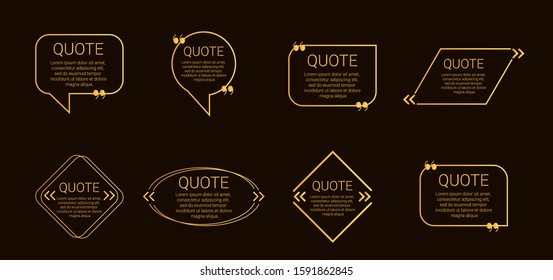 Set of quote box vector isolated on black background. Templates speech bubbles with space for text in a flat style. Golden colored quote blocks for comments, dialog, massege, memo.