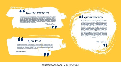 Set of quote Boxes. Painted strips with distress texture, torn edges. White brush stroke frames on yelow background. White grunge speech bubble. Artistic label, badge. Hand drawn high quality textured