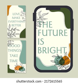 set of quote designs for social media stories. natural background with floral hand drawn elements. abstract design for social networks
