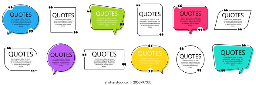 Set of quote frames. Speech bubbles with quotation marks, isolated on white background. Blank text box and quotes. Blog post template. Vector illustration.