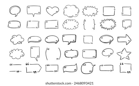 Set quote hand drawn speech bubble with quotation marks. Doodle sketch frames. Quote, commas. . Vector illustration