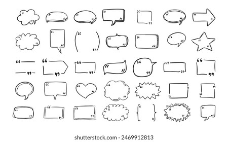 Setzen Sie handgezeichnete Sprechblasen mit Anführungszeichen. Doodle Sketch Frames. Zitat, Kommas. . Vektorillustration