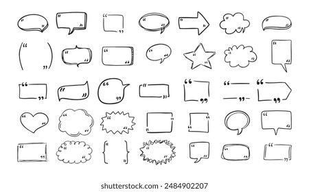 Set quote hand drawn speech bubble with quotation marks. Doodle sketch frames. Quote, commas. . Vector illustration