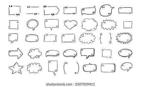 Set quote hand drawn speech bubble with quotation marks. Doodle sketch frames. Quote, commas. . Vector illustration