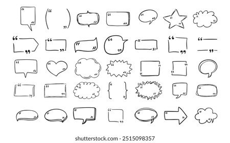 Set quote hand drawn speech bubble with quotation marks. Doodle sketch frames. Quote, commas. . Vector illustration