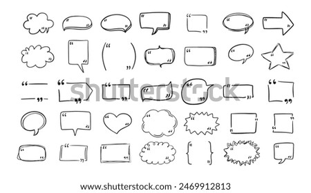 Set quote hand drawn speech bubble with quotation marks. Doodle sketch frames. Quote, commas. . Vector illustration