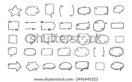 Set quote hand drawn speech bubble with quotation marks. Doodle sketch frames. Quote, commas. . Vector illustration