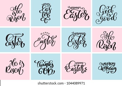 Set quote happy Easter, He is Risen typographic designs vector phrase. Hand drawn christian calligraphic text design templates