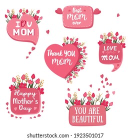 Set of quote for Happy Mother`s Day. Best Mom ever phrase for Happy Holiday. Badge texts about Mother.