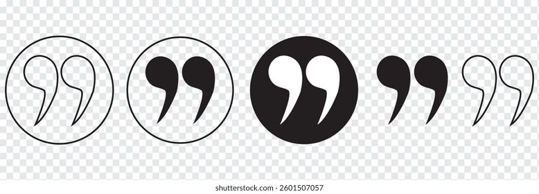 Set of Quote mark icons featuring various quotation sign designs. Perfect for text highlights, speech bubbles, citations, and typography elements. EPS 10