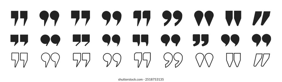 Set of quote mark icons. Quotemarks outline, inverted commas, speech marks, talking marks collection.