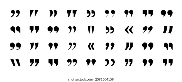 Set of quote mark, quotes icon pack — Collection of black quotation marks. Quote mark sign, inverted commas, talking marks, talk speech bubble icon design pack. Vector Illustration.