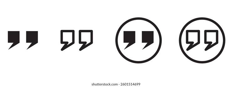 Set of quote mark, quotes icon, sign, symbol, emblem. Ditto marks icon set. Quotation marks. Dialogue discussion symbol for UI UX, website, mobile app. 