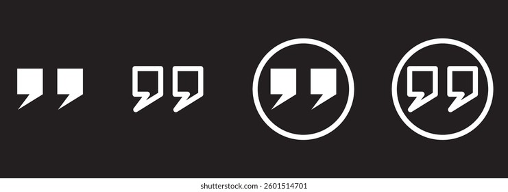 Set of quote mark, quotes icon, sign, symbol, emblem. Ditto marks icon set. Quotation marks. Dialogue discussion symbol for UI UX, website, mobile app. 