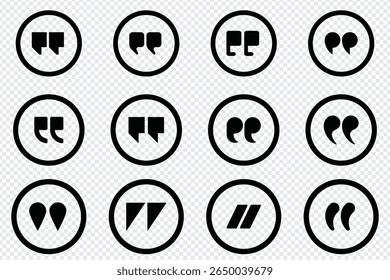 Set of quote mark, quotes icon, sign, symbol, emblem. Ditto marks icon set. Quotation marks. Dialogue discussion symbol for UI UX, website, mobile app. vector illustration
