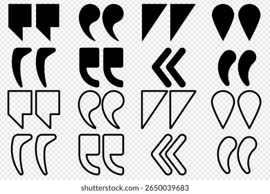Set of quote mark, quotes icon, sign, symbol, emblem. Ditto marks icon set. Quotation marks. Dialogue discussion symbol for UI UX, website, mobile app. vector illustration