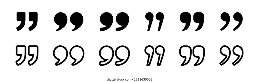 Set of quote mark. Quotes icon vector set. Quotemarks outline, speech marks, inverted commas or talking marks collection. Talk bubble speech icon. Black quotes icon. Vector.