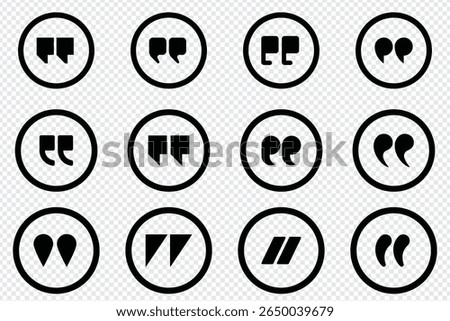 Set of quote mark, quotes icon, sign, symbol, emblem. Ditto marks icon set. Quotation marks. Dialogue discussion symbol for UI UX, website, mobile app. vector illustration