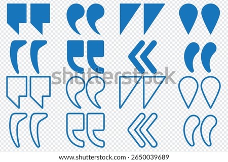 Set of quote mark, quotes icon, sign, symbol, emblem. Ditto marks icon set. Quotation marks. Dialogue discussion symbol for UI UX, website, mobile app. vector illustration
