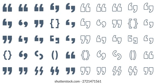 Conjunto de comillas, citas icono de diseño de signo de Vector. Ilustración de marca de comilla de esquema. Diseños creativos y símbolos para la tipografía. Diversos estilos de citas y Elementos de puntuación para iconos de voz