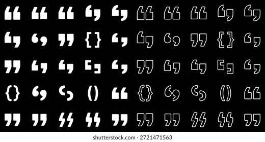 Conjunto de comillas, citas icono de diseño de signo de Vector. Ilustración de marca de comilla de esquema. Diseños creativos y símbolos para la tipografía. Diversos estilos de citas y Elementos de puntuación para iconos de voz